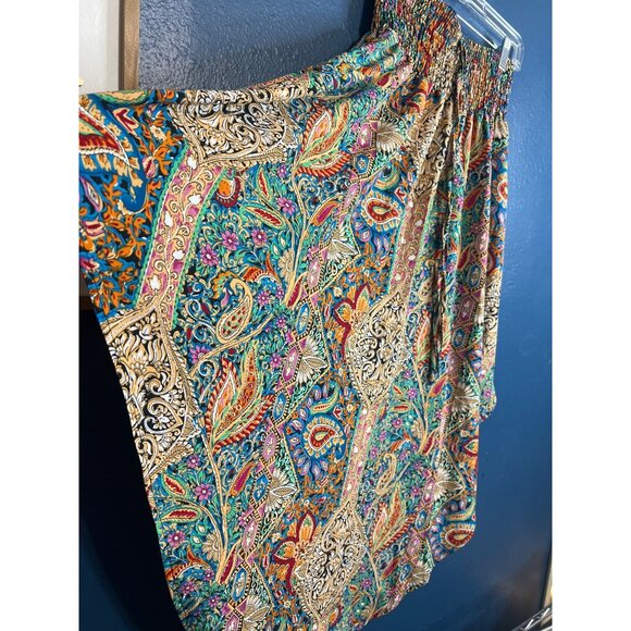 Boho Handkerchief Hem Paisley Skirt XS Smocked Waist - Picture 3 of 6